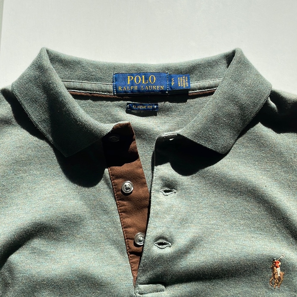 Ralph Lauren Mens Small Green Rugby Shirt long Sleeved Polo With Collar Detail